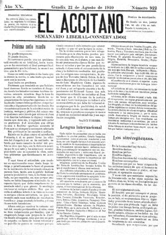 'El accitano  : periódico científico, literario y de intereses generales de Guadix y su partido' - Año XX Número 922  - 1910 agosto 22