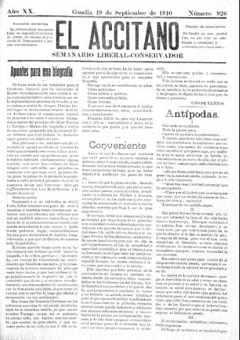 'El accitano  : periódico científico, literario y de intereses generales de Guadix y su partido' - Año XX Número 926  - 1910 septiembre 19