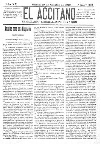 'El accitano  : periódico científico, literario y de intereses generales de Guadix y su partido' - Año XX Número 930  - 1910 octubre 19