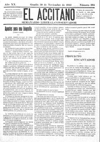 'El accitano  : periódico científico, literario y de intereses generales de Guadix y su partido' - Año XX Número 934  - 1910 noviembre 30