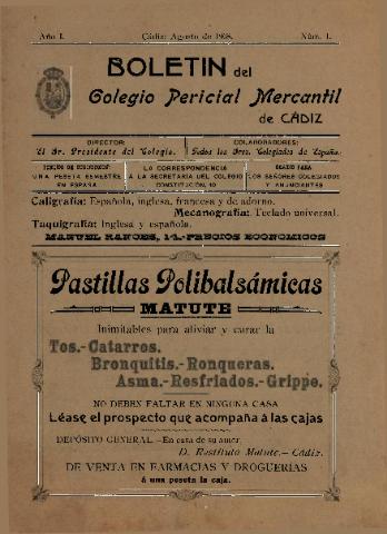 'Boletín del Colegio Pericial Mercantil de Cádiz' - Año I Número 1 - 1908 agosto 1