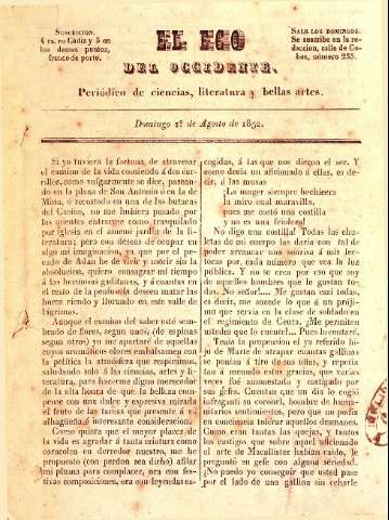 'El Eco del occidente Periódico de ciencias, literatura y bellas artes' - Año I Número 1 - 01/08/1852