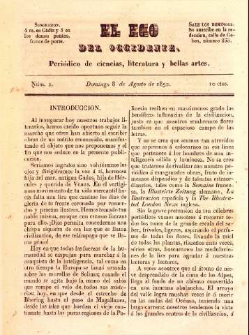 'El Eco del occidente Periódico de ciencias, literatura y bellas artes' - Año I Número 2 - 08/08/1852