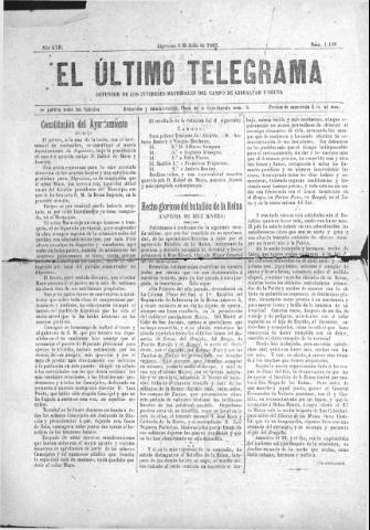 'El Último telegrama : defensor de los intereses materiales del Campo de Gibraltar y Ceuta' - Año XXII Número 1138 - 1897 julio 3