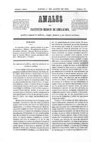 'Anales del Instituto Médico de Emulación :  periódico semanal de medicina, cirugía, farmacia y ciencias afines.' - Serie 2 Número 39 - 1844 agosto 1