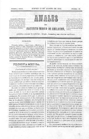 'Anales del Instituto Médico de Emulación :  periódico semanal de medicina, cirugía, farmacia y ciencias afines.' - Serie 2 Número 41 - 1844 agosto 15
