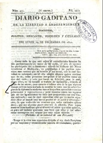 'Diario gaditano de la libertad e independencia nacional, político, mercantil, económico y literario' - Número 455 - 1821 diciembre 24