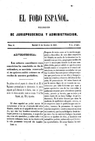 'El Foro español :  periódico de jurisprudencia y administración.' - Tomo 2 Número 11 - 1849 octubre 20