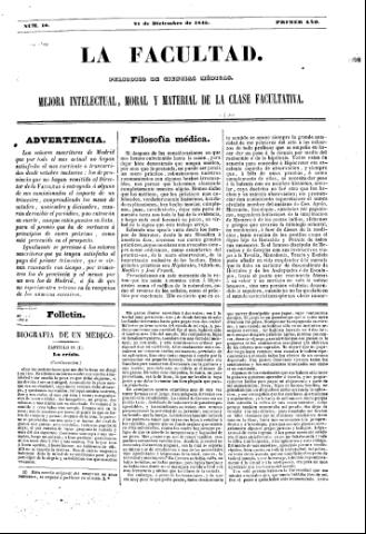 'La Facultad :  periódico de ciencias médicas.' - Año 1 Número 10 - 1845 diciembre 21