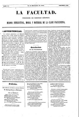 'La Facultad :  periódico de ciencias médicas.' - Año 1 Número 11 - 1845 diciembre 25