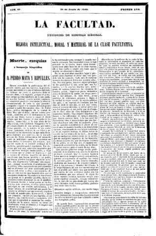 'La Facultad :  periódico de ciencias médicas.' - Año 1 Número 37 - 1846 junio 28