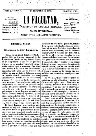 'La Facultad :  periódico de ciencias médicas.' - Tomo 2 Año 2 Número 2 - 1847 enero 14