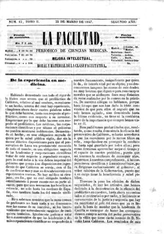 'La Facultad :  periódico de ciencias médicas.' - Tomo 2 Año 2 Número 12 - 1847 marzo 25