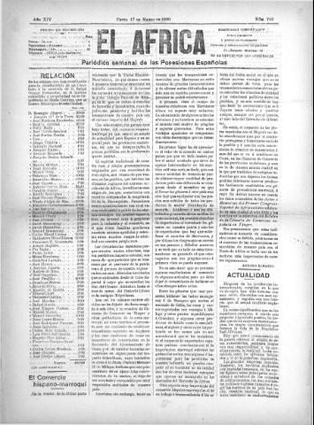 'El África  : Periódico semanal de las Posesiones Españolas' - Año XIV Número 740 - 1900 marzo 17