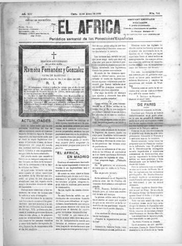 'El África  : Periódico semanal de las Posesiones Españolas' - Año XIV Número 744 - 1900 abril 14