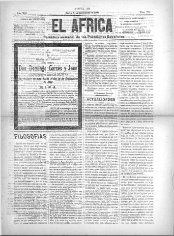 'El África  : Periódico semanal de las Posesiones Españolas' - Año XIV Número 770 - 1900 septiembre 8