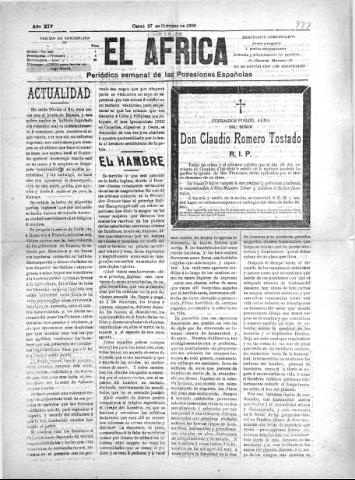 'El África  : Periódico semanal de las Posesiones Españolas' - Año XIV Número 777 - 1900 octubre 27