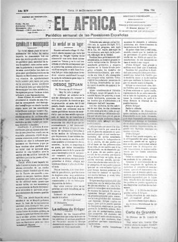 'El África  : Periódico semanal de las Posesiones Españolas' - Año XIV Número 784 - 1900 diciembre 15