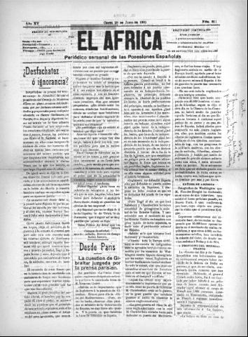 'El África  : Periódico semanal de las Posesiones Españolas' - Año XV Número 811 - 1901 junio 29
