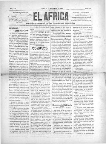 'El África  : Periódico semanal de las Posesiones Españolas' - Año XV Número 822 - 1901 septiembre 14
