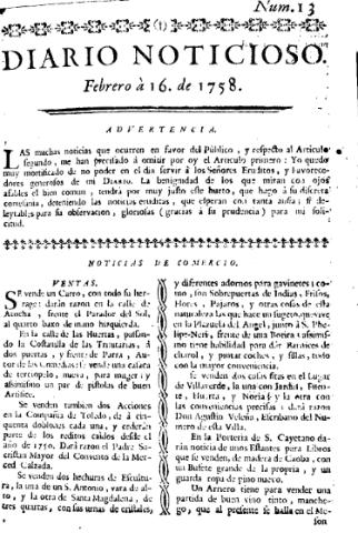 'Diario noticioso, curioso, erudito y comercial público y económico' - Número 13 - 1758 febrero 16