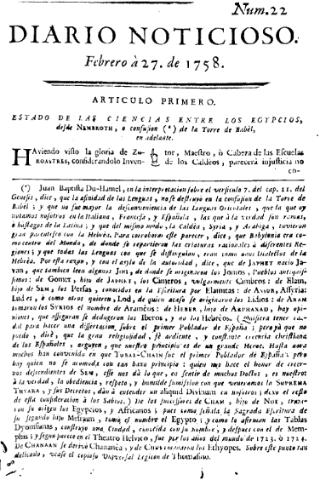 'Diario noticioso, curioso, erudito y comercial público y económico' - Número 22 - 1758 febrero 27