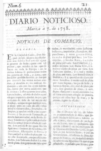 'Diario noticioso, curioso, erudito y comercial público y económico' - Número 6 - 1758 marzo 7