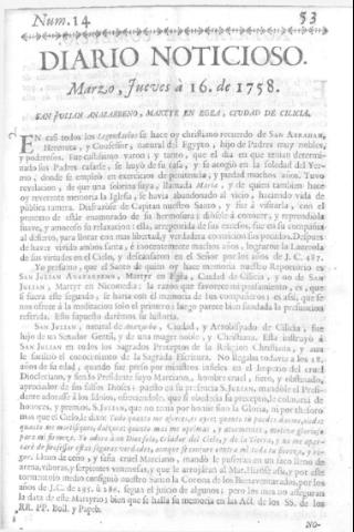 'Diario noticioso, curioso, erudito y comercial público y económico' - Número 14 - 1758 marzo 16