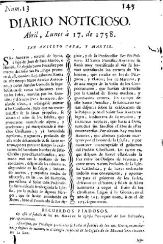 'Diario noticioso, curioso, erudito y comercial público y económico' - Número 13 - 1758 abril 17