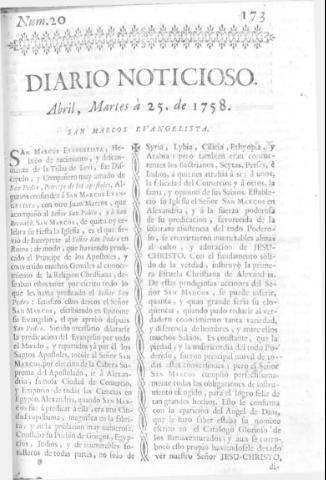 'Diario noticioso, curioso, erudito y comercial público y económico' - Número 20 - 1758 abril 25