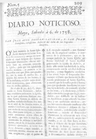 'Diario noticioso, curioso, erudito y comercial público y económico' - Número 5 - 1758 mayo 6
