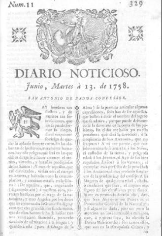 'Diario noticioso, curioso, erudito y comercial público y económico' - Número 11 - 1758 junio 13