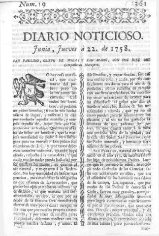 'Diario noticioso, curioso, erudito y comercial público y económico' - Número 19 - 1758 junio 22