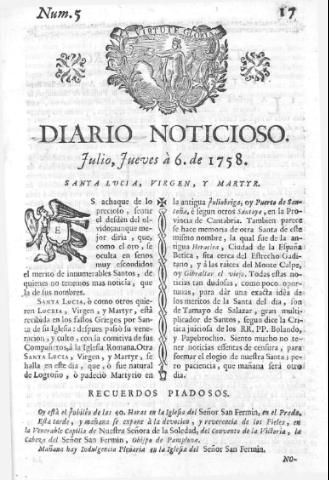 'Diario noticioso, curioso, erudito y comercial público y económico' - Número 5 - 1758 julio 6