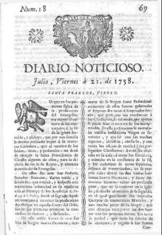 'Diario noticioso, curioso, erudito y comercial público y económico' - Número 18 - 1758 julio 21