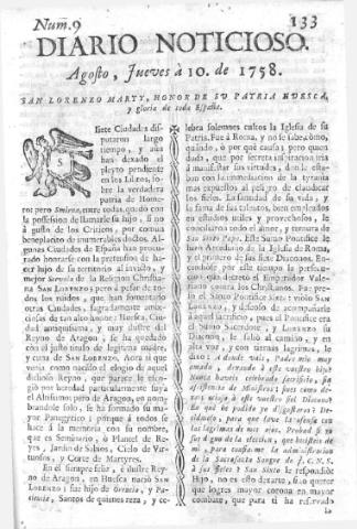 'Diario noticioso, curioso, erudito y comercial público y económico' - Número 9 - 1758 agosto 10