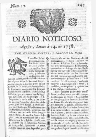 'Diario noticioso, curioso, erudito y comercial público y económico' - Número 12 - 1758 agosto 14