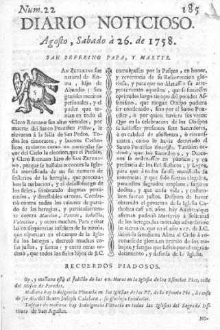 'Diario noticioso, curioso, erudito y comercial público y económico' - Número 22 - 1758 agosto 26