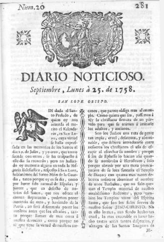 'Diario noticioso, curioso, erudito y comercial público y económico' - Número 20 - 1758 septiembre 25