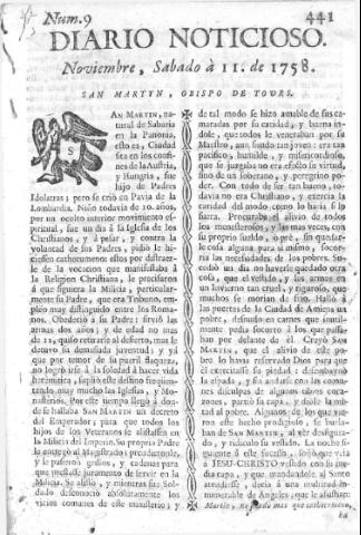 'Diario noticioso, curioso, erudito y comercial público y económico' - Número 9 - 1758 noviembre 11