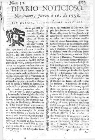 'Diario noticioso, curioso, erudito y comercial público y económico' - Número 12 - 1758 noviembre 16
