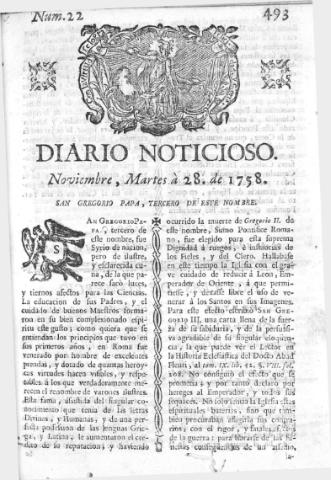 'Diario noticioso, curioso, erudito y comercial público y económico' - Número 22 - 1758 noviembre 28