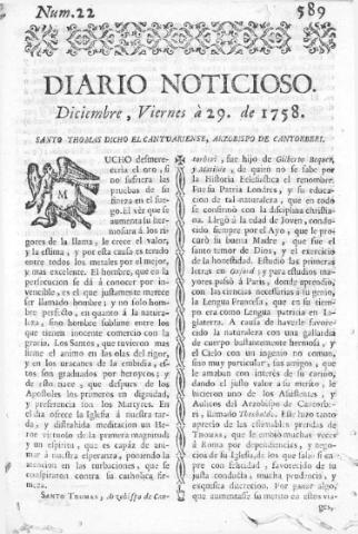 'Diario noticioso, curioso, erudito y comercial público y económico' - Número 22 - 1758 diciembre 29