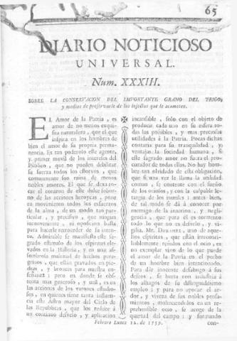 'Diario noticioso, curioso, erudito y comercial público y económico' - Número 33 - 1759 febrero 12