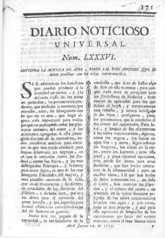 'Diario noticioso, curioso, erudito y comercial público y económico' - Número 86 - 1759 abril 19