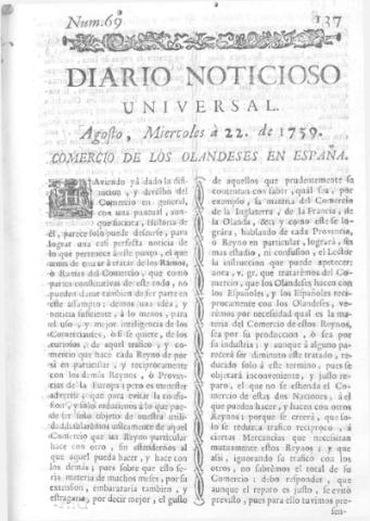 'Diario noticioso, curioso, erudito y comercial público y económico' - Número 69 - 1759 agosto 22