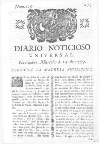 'Diario noticioso, curioso, erudito y comercial público y económico' - Número 139 - 1759 noviembre 14