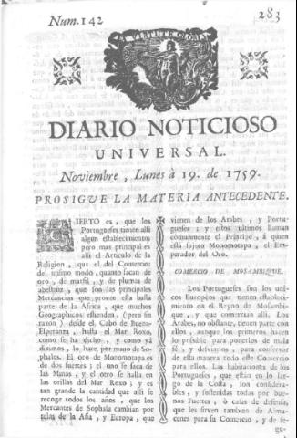 'Diario noticioso, curioso, erudito y comercial público y económico' - Número 142 - 1759 noviembre 19
