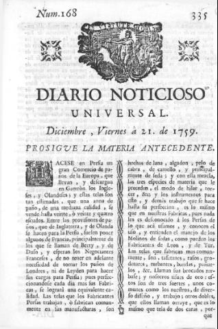 'Diario noticioso, curioso, erudito y comercial público y económico' - Número 168 - 1759 diciembre 21