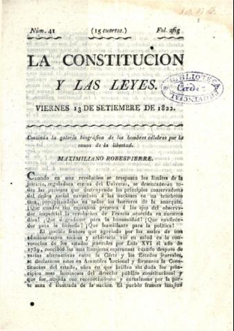 'La Constitución y las leyes' - Número 41 - 1822 septiembre 13